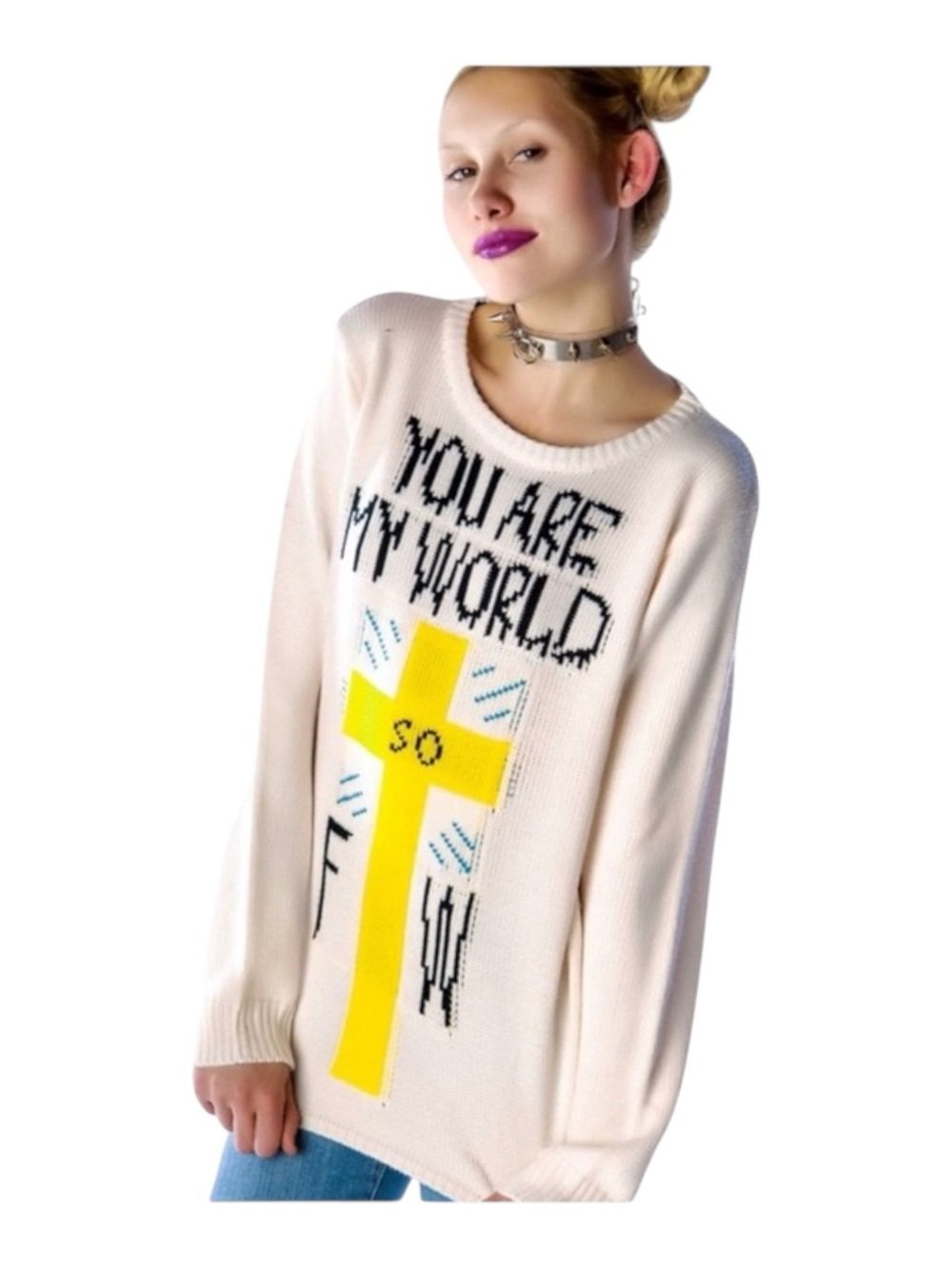 VHTF: new UNIF ♱ You Are My World FTW Sweater ♱ Cozy Intarsia Knit ♱ Ivory Pink - Picture 15 of 16